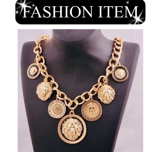 Source Unknown Jewelry - NECKLACE: Golden-Tone Lion Head Thick Chain w/Lg Alloy Pendant & Zirconias, NWOT
